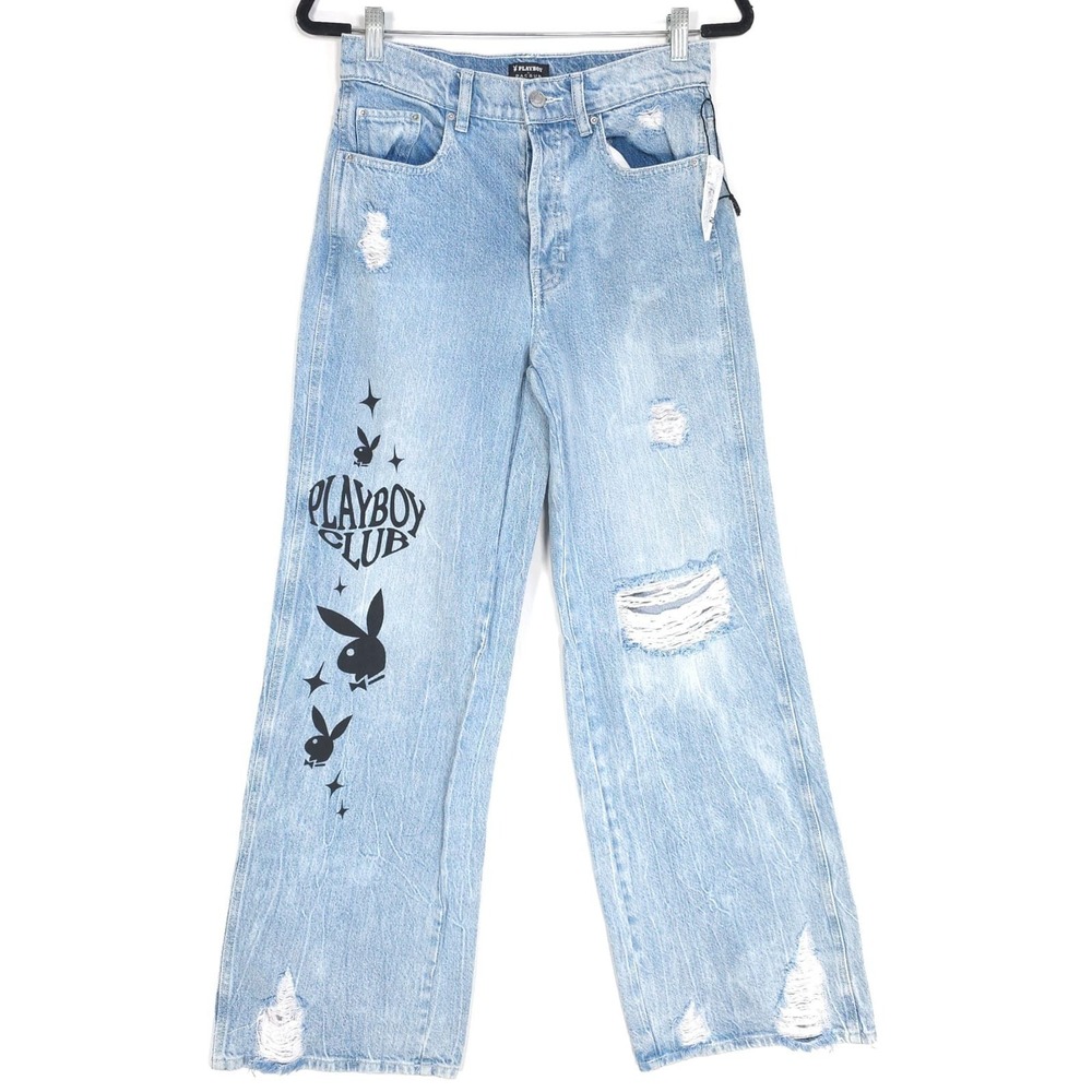 PLAYBOY Club Pacsun NWOT Jeans Women 26 Distressed Wide Leg Graphic Bunny Denim - Picture 2 of 13